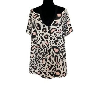 BiBi Cold Shoulder White with Black and Pink Cheetah Print Blouse Size Medium